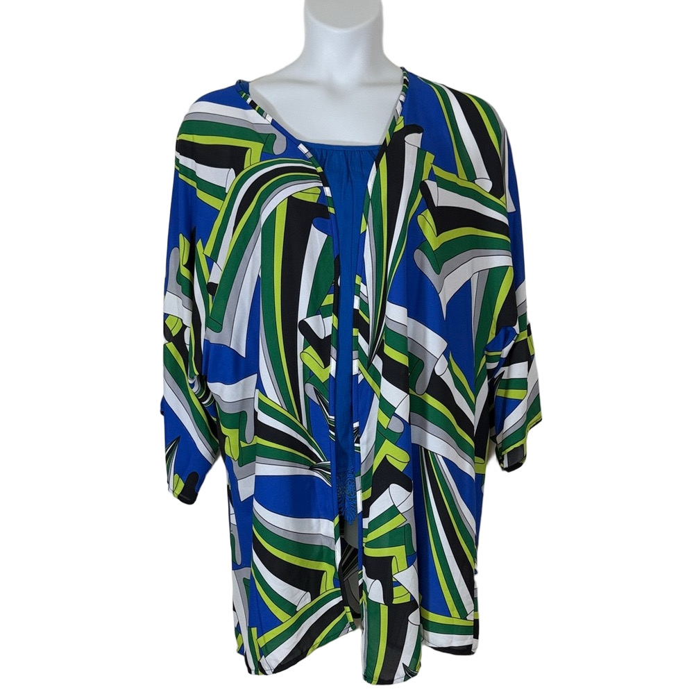 Ashley Stewart Blue and Green Fan Print Surf Kimono Coverup SKU1182